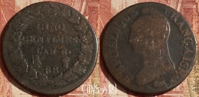 Франция 5 сантимов 1799 L'AN8 BB, KM# 640, 237p-035 ♛