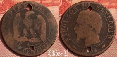 Франция 5 сантимов 1854 года A, KM# 777, 398o-007