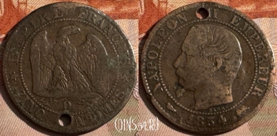 Франция 5 сантимов 1854 D, гнутая, KM# 777, 257s-037