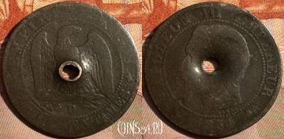 Франция 5 сантимов 1854 D, KM# 777, 355s-112