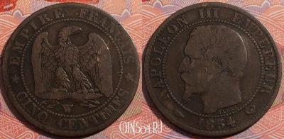 Франция 5 сантимов 1854 года W, KM# 777, a137-023