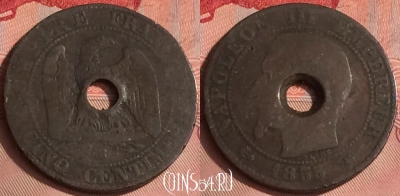 Франция 5 сантимов 1855 года BB, KM# 777, 326o-071