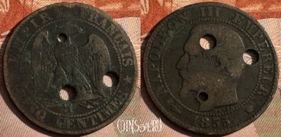Франция 5 сантимов 1855 MA, KM# 777, 239s-020