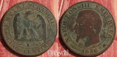 Франция 5 сантимов 1856 года K, KM# 777, 337o-041