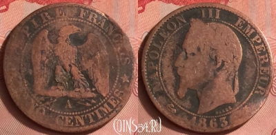 Франция 5 сантимов 1863 года A, KM# 797, 329o-049