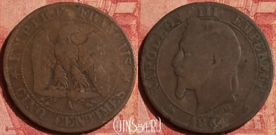 Франция 5 сантимов 1864 года A, KM# 797, 383o-003 ♛