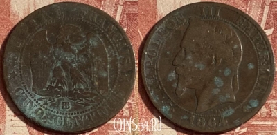Франция 5 сантимов 1864 года BB, KM# 797, 235p-048 ♛