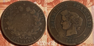 Франция 5 сантимов 1886 года, KM# 821, 500р-120 ♛