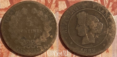 Франция 5 сантимов 1888 года, KM# 821, 487р-055 ♛