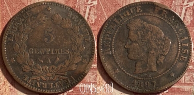 Франция 5 сантимов 1897 года, KM# 821, 066q-063 ♛