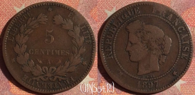 Франция 5 сантимов 1897 года, KM# 821, 165i-136