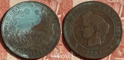 Франция 5 сантимов 1897 года, KM# 821, 235p-050 ♛