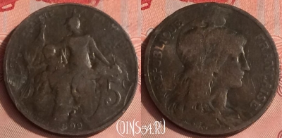 Франция 5 сантимов 1899 года, KM# 842, 319o-061