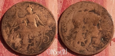 Франция 5 сантимов 1899 года, KM# 842, 343o-016