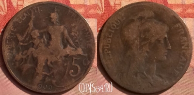 Франция 5 сантимов 1900 года, KM# 842, 398o-008 ♛