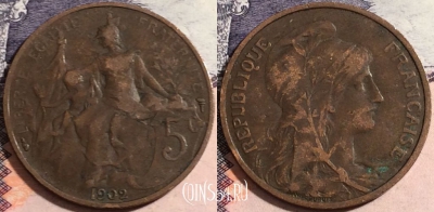 Франция 5 сантимов 1902 года, KM# 842, 168-020