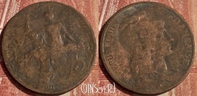 Франция 5 сантимов 1902 года, KM# 842, 182q-081 ♛