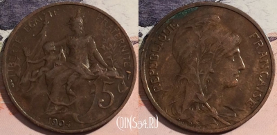 Франция 5 сантимов 1904 года, KM# 842, 176-059