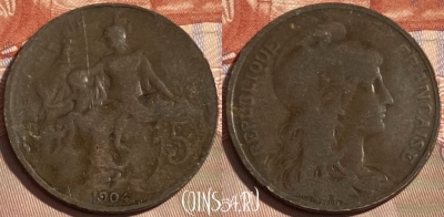 Франция 5 сантимов 1904 года, KM# 842, 497р-004 ♛