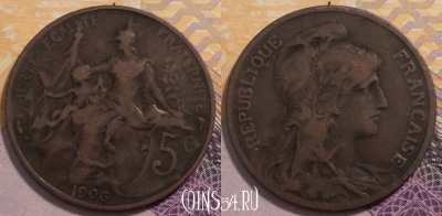 Франция 5 сантимов 1906 года, KM# 842, 230-107