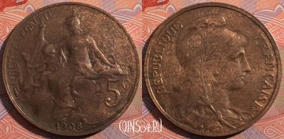 Франция 5 сантимов 1908 года, KM# 842, 183-116