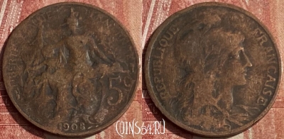 Франция 5 сантимов 1908 года, KM# 842, 183q-033 ♛