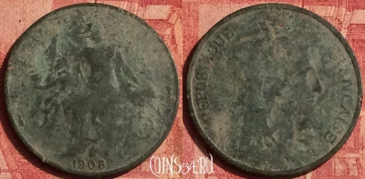 Франция 5 сантимов 1908 года, KM# 842, 383o-009