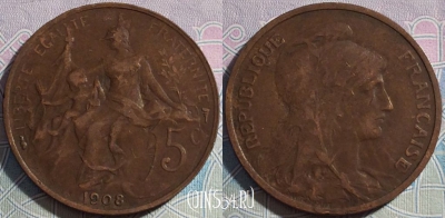 Франция 5 сантимов 1908 года, KM# 842, a069-089