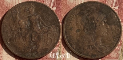 Франция 5 сантимов 1909 года, KM# 842, 104q-056 ♛