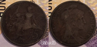 Франция 5 сантимов 1909 года, KM# 842, 233-008