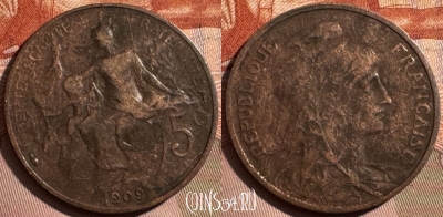 Франция 5 сантимов 1909 года, KM# 842, 409s-012