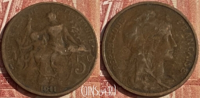Франция 5 сантимов 1911 года, KM# 842, 041p-078 ♛