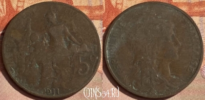Франция 5 сантимов 1911 года, KM# 842, 336p-129 ♛