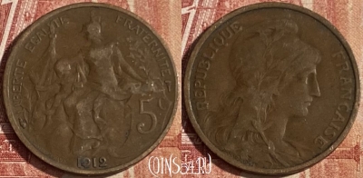 Франция 5 сантимов 1912 года, KM# 842, 041p-142 ♛
