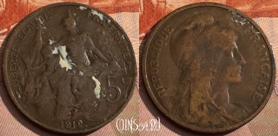 Франция 5 сантимов 1912 года, KM# 842, 168s-026