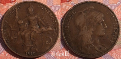 Франция 5 сантимов 1912 года, KM# 842, 179-103