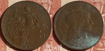 Франция 5 сантимов 1912 года, KM# 842, 235p-060 ♛