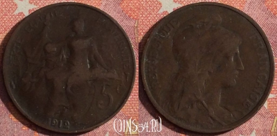 Франция 5 сантимов 1912 года, KM# 842, 357-050