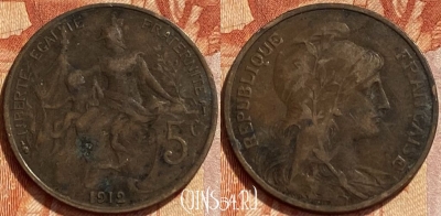 Франция 5 сантимов 1912 года, KM# 842, 358q-111 ♛