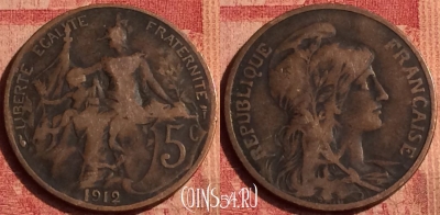 Франция 5 сантимов 1912 года, KM# 842, 390o-026