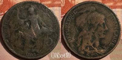 Франция 5 сантимов 1912 года, KM# 842, 408s-027