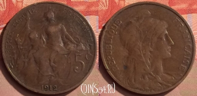 Франция 5 сантимов 1912 года, KM# 842, 425-042