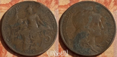 Франция 5 сантимов 1912 года, KM# 842, 451o-106