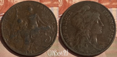 Франция 5 сантимов 1912 года, KM# 842, 496р-129 ♛