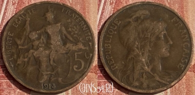 Франция 5 сантимов 1913 года, KM# 842, 447p-140 ♛