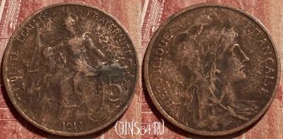 Франция 5 сантимов 1913 года, KM# 842, 462q-143 ♛