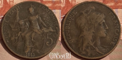 Франция 5 сантимов 1913 года, KM# 842, 486р-072 ♛