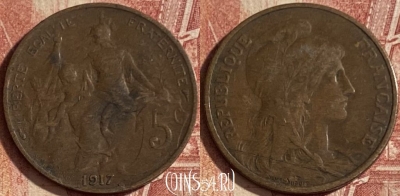 Франция 5 сантимов 1917 года, KM# 842, 092q-107 ♛