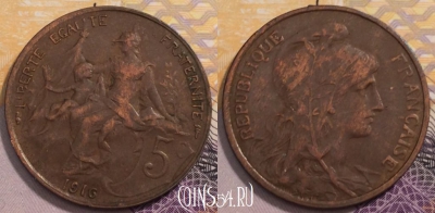 Франция 5 сантимов 1916 года, KM# 842, 230-109