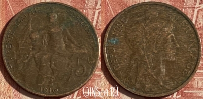 Франция 5 сантимов 1916 года, KM# 842, 237p-091